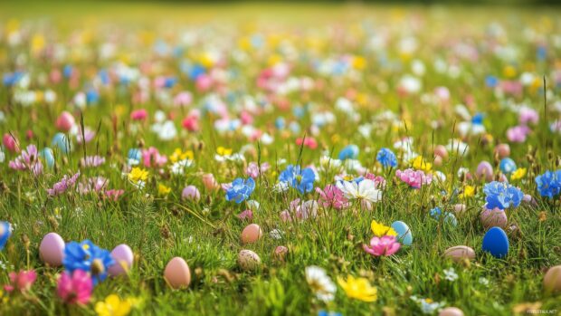 A cheerful Easter HD wallpaper with colorful eggs scattered in a meadow, with vibrant flowers and green grass, bright spring sunshine.