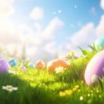 A cheerful Easter scene with colorful eggs scattered in a meadow, with vibrant flowers and green grass, bright spring sunshine.