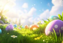 A cheerful Easter scene with colorful eggs scattered in a meadow, with vibrant flowers and green grass, bright spring sunshine.