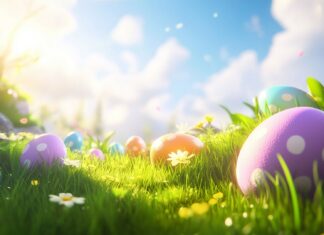 A cheerful Easter scene with colorful eggs scattered in a meadow, with vibrant flowers and green grass, bright spring sunshine.