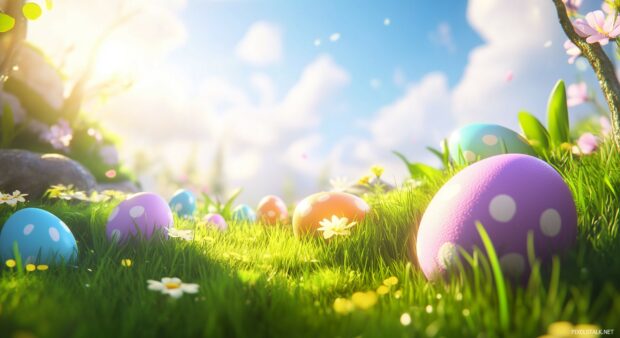 A cheerful Easter scene with colorful eggs scattered in a meadow, with vibrant flowers and green grass, bright spring sunshine.