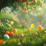 A cheerful Easter scene with colorful eggs scattered in a meadow, with vibrant flowers and green grass, bright spring sunshine.