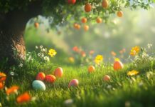 A cheerful Easter scene with colorful eggs scattered in a meadow, with vibrant flowers and green grass, bright spring sunshine.