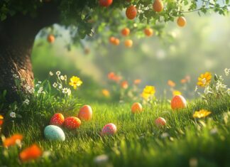 A cheerful Easter scene with colorful eggs scattered in a meadow, with vibrant flowers and green grass, bright spring sunshine.