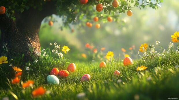 A cheerful Easter scene with colorful eggs scattered in a meadow, with vibrant flowers and green grass, bright spring sunshine.