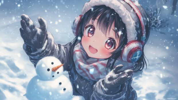 A cheerful anime girl wearing a cute winter coat and earmuffs, building a snowman in a snowy landscape, with snowflakes gently falling around her.