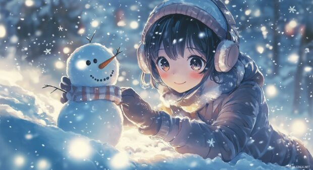 A cheerful anime girl wearing a cute winter coat and earmuffs, building a snowman in a snowy landscape, with snowflakes gently falling around her.