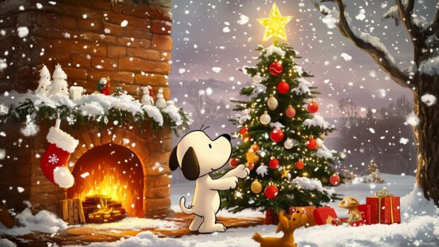 A cheerful scene of Snoopy and Woodstock decorating a Christmas tree with ornaments and a shiny star.