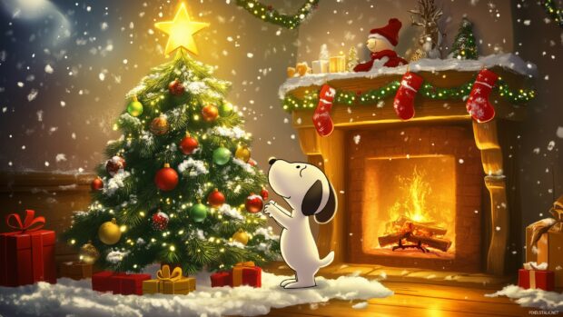 A cheerful scene of Snoopy and Woodstock decorating a Christmas tree with ornaments and a shiny star, with a cozy fireplace in the background.