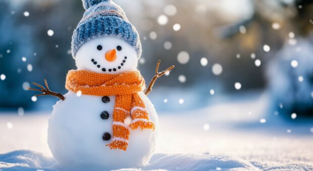 A cheerful snowman Christmas Laptop wallpaper with a carrot nose and scarf, standing in a snowy yard.