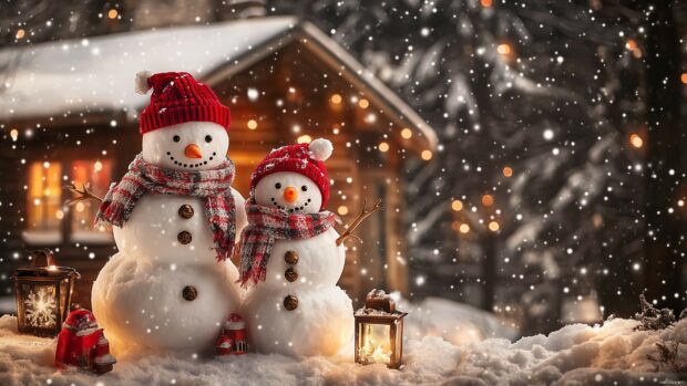 A cheerful snowman family with scarves and hats, standing in front of a cozy cabin, Christmas 4K wallpaper for desktop.