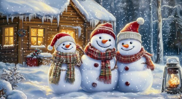 A cheerful snowman family with scarves and hats, standing in front of a cozy cabin, Preppy Christmas Wallpaper for PC.