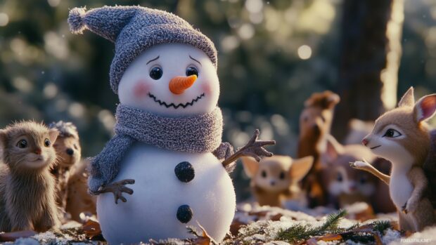 A cheerful snowman with a carrot nose and coal eyes, Beautiful Christmas Wallpaper HD.