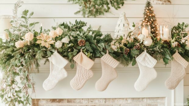 A chic Christmas mantel decorated with minimalist stockings and greenery.