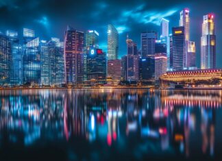 A city skyline at night with colorful reflections on the water, capturing the energy of an urban landscape.