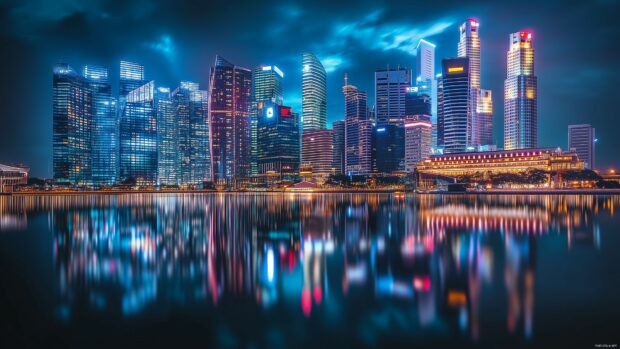 A city skyline at night with colorful reflections on the water, capturing the energy of an urban landscape.