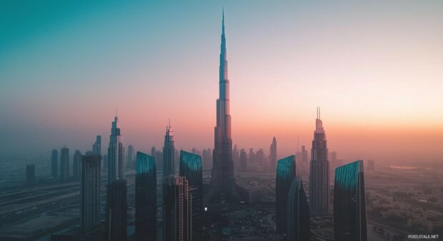 A cityscape HD wallpaper with a few prominent skyscrapers and a soft gradient sky.