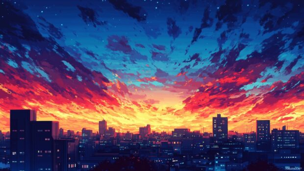 A cityscape view with an evening sky ablaze in shades of fiery orange and red, blending into the cool blue of approaching night.