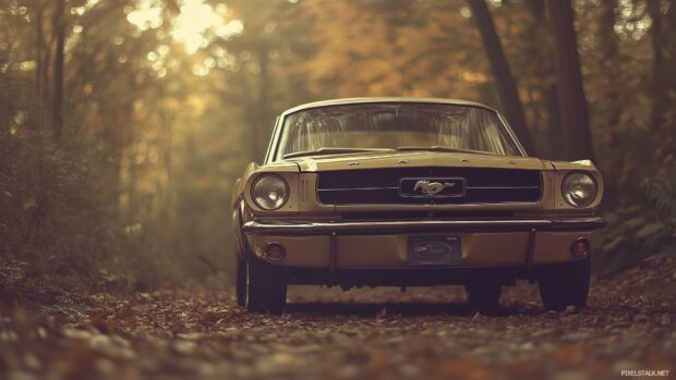 A classic 1960s Ford Mustang captured in a faded Polaroid frame, with a retro film grain effect and warm tones.