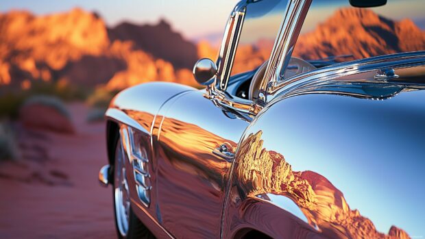 A classic Cars Wallpaper 4K with a polished chrome finish, reflecting the surrounding desert landscape.