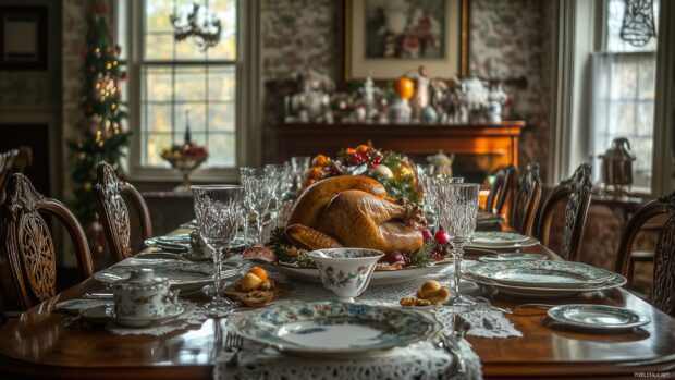 A classic Christmas dinner table setting adorned with fine china, a roasted turkey, and vintage holiday decorations, creating a warm and inviting atmosphere from a bygone era (2).