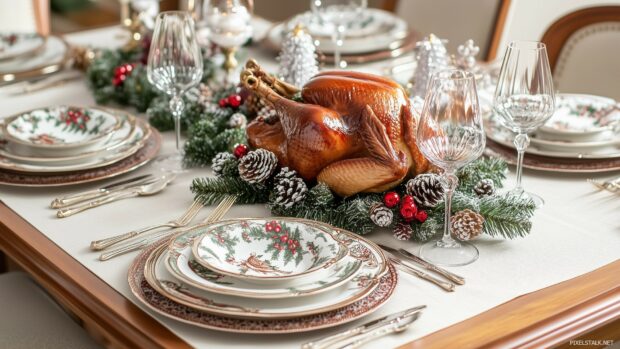 A classic Christmas dinner table setting adorned with fine china, a roasted turkey, and vintage holiday decorations, creating a warm and inviting atmosphere from a bygone era (3).