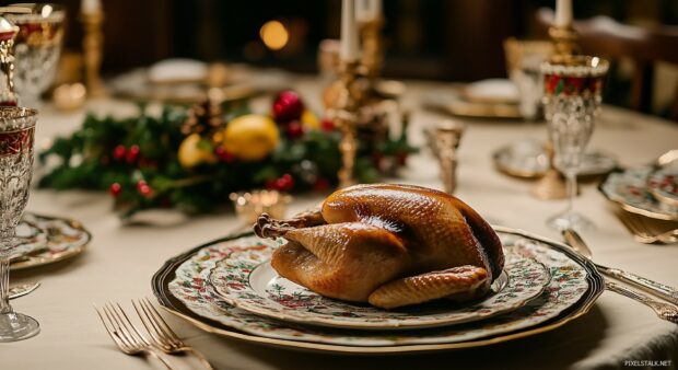 A classic Christmas dinner table setting adorned with fine china, a roasted turkey, and vintage holiday decorations, creating a warm and inviting atmosphere from a bygone era.