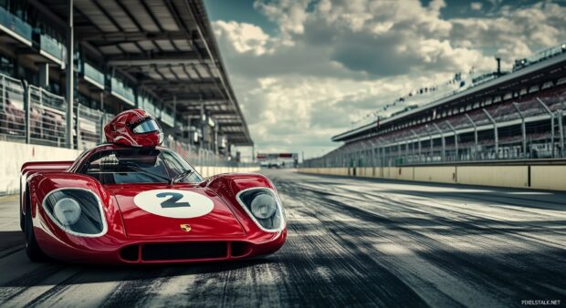 A classic Porsche 917 race car on a sunny day at the track, with a vintage racing helmet resting on the roof.