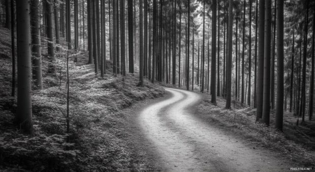 A classic black and white forest landscape featuring a winding path through dense foliage.