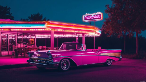 A classic convertible parked by a neon lit diner at night, captured with a Polaroid frame and a soft, dreamy effect.