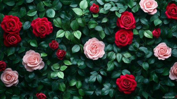 A classic vintage intricate pink and red roses surrounded by delicate green foliage.