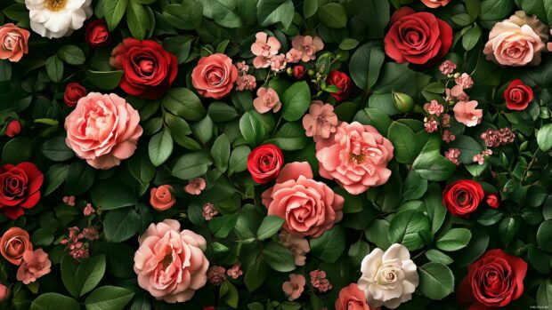 A classic vintage pink and red roses surrounded by delicate green foliage.