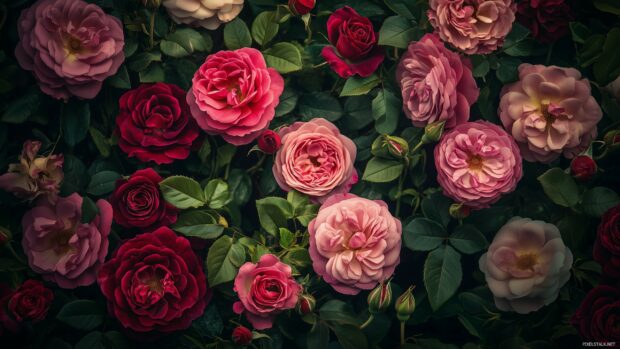 A classic vintage roses surrounded by delicate green foliage.