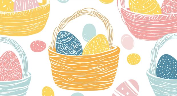 A clean and simple pattern of Easter baskets filled with pastel colored eggs, with soft outlines and smooth curves in a vector tile design.