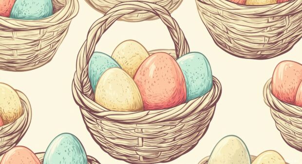 A clean and simple pattern of Easter baskets filled with pastel colored eggs, with soft outlines and smooth curves in a vector tile design.