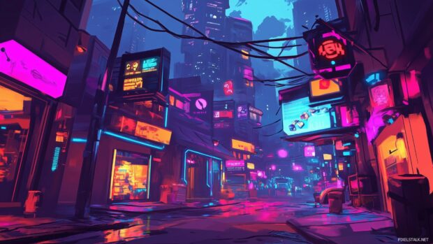 A clean and straightforward depiction of a cool Cyberpunk city with a focus on geometric shapes and neon accents, set under a twilight sky.