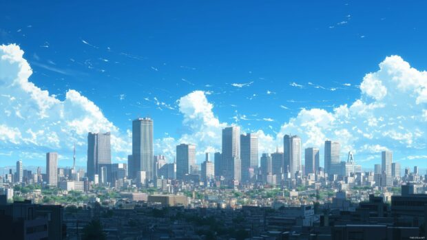 A clean anime style city skyline 4K Resolution Background with basic shapes and a bright, clear sky.