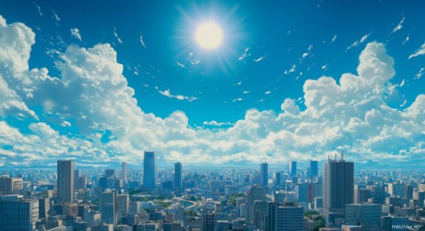 A clean anime style city skyline with basic shapes and a bright, clear sky.