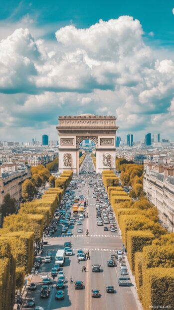 A clean, daytime view of the Arc de Triomphe with unobtrusive city traffic.