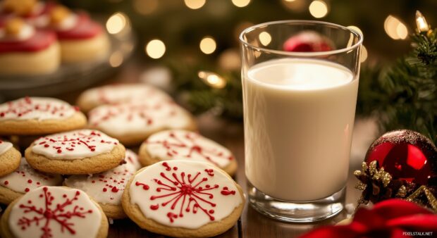 A close up of Christmas cookies and a glass of milk on a table.