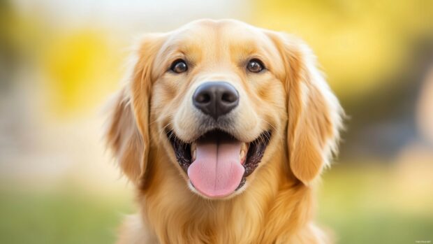 A close up of a Golden Retriever with a joyful expression, tongue out and eyes sparkling.