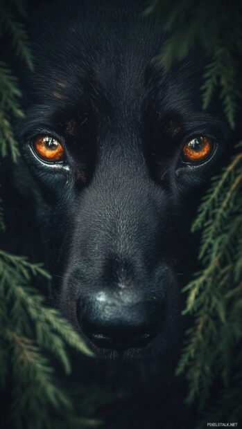 A close up of a black dog face with soulful eyes, framed by a blurred natural background of green trees.