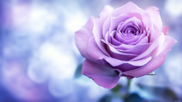 A close up of a blooming lavender rose with soft petals unfurling.