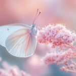 A close up of a delicate pink butterfly resting on a soft, pastel flower, with intricate wing patterns highlighted by warm, natural lighting.