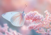 A close up of a delicate pink butterfly resting on a soft, pastel flower, with intricate wing patterns highlighted by warm, natural lighting.