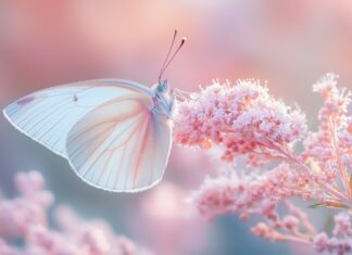 A close up of a delicate pink butterfly resting on a soft, pastel flower, with intricate wing patterns highlighted by warm, natural lighting.