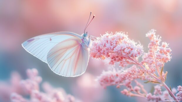 A close up of a delicate pink butterfly resting on a soft, pastel flower, with intricate wing patterns highlighted by warm, natural lighting.