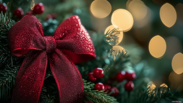 A close up of a festive red ribbon and bow on a green pine garland.