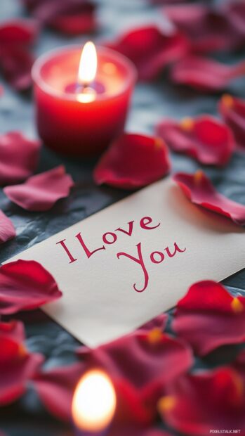 A close up of a love letter with I Love You written in elegant calligraphy, surrounded by rose petals and soft candlelight.