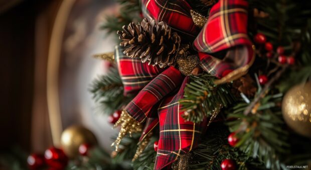 A close up of a preppy Christmas wreath with plaid ribbon and gold accents.